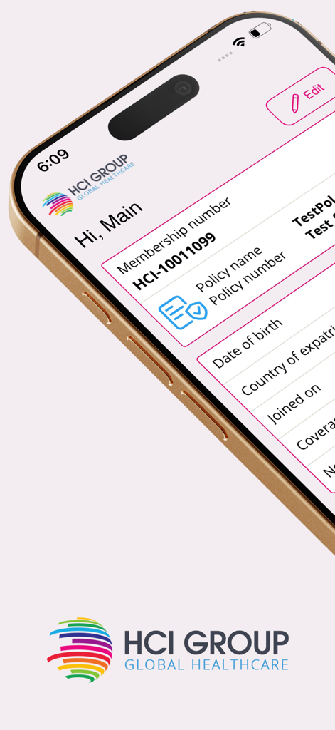 HCI Group - The membership and policy details screen of the HCI Group Global Healthcare app on a mobile device.