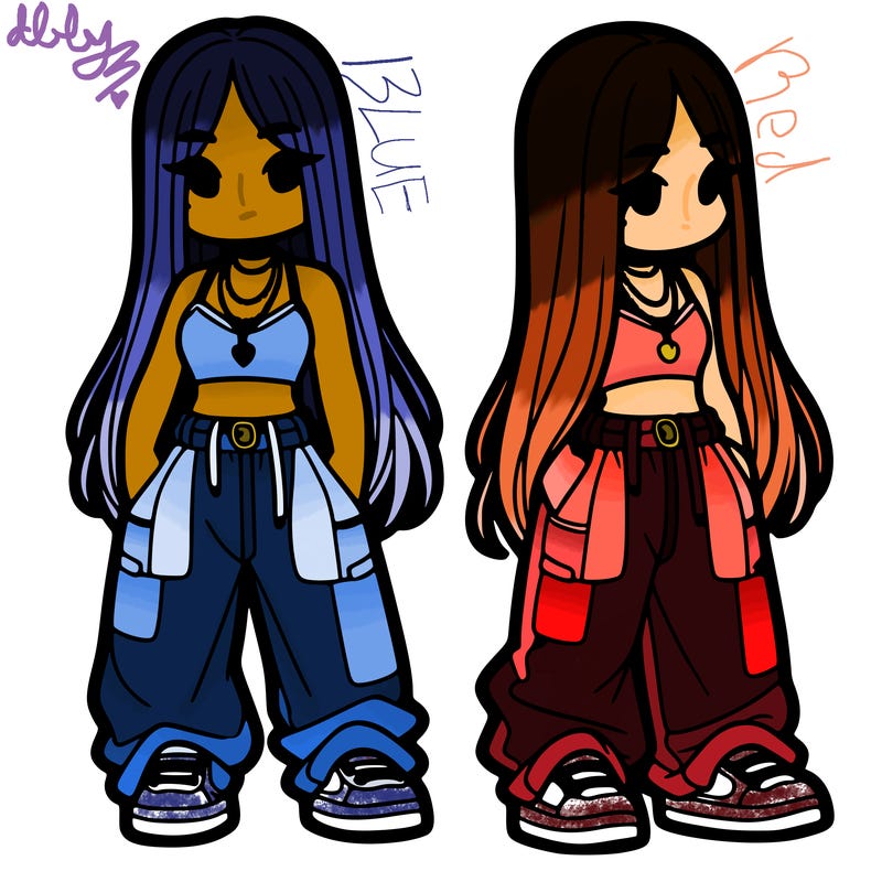 girl in baggy pants crop top and long hair