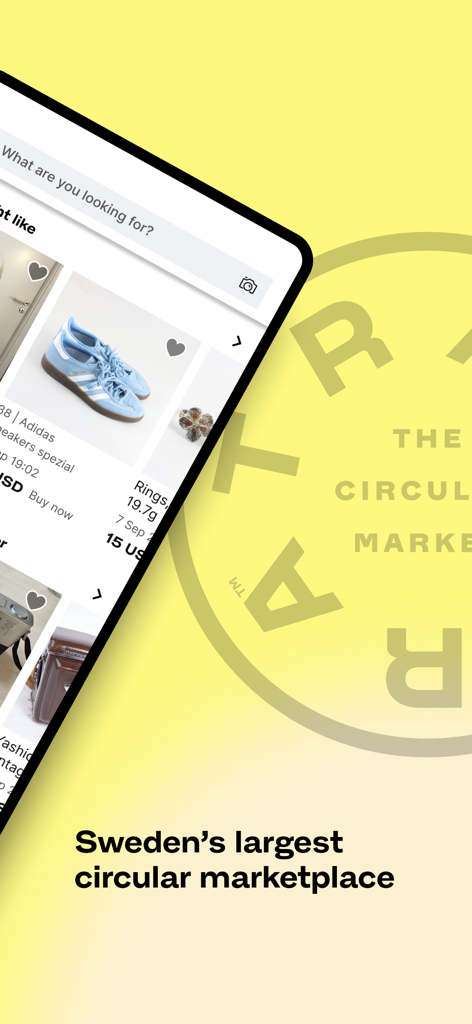 Tradera mobile app interface showing second-hand fashion and jewelry listings with a slogan stating Sweden's largest circular marketplace.