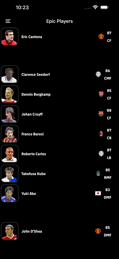 eFootball DB - A list of epic football players in the eFootball DB app featuring stats and positions on a dark minimalist interface