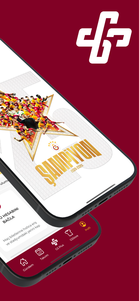 GSPlus mobile app interface showing the Galatasaray championship graphic and navigation menu on two smartphones