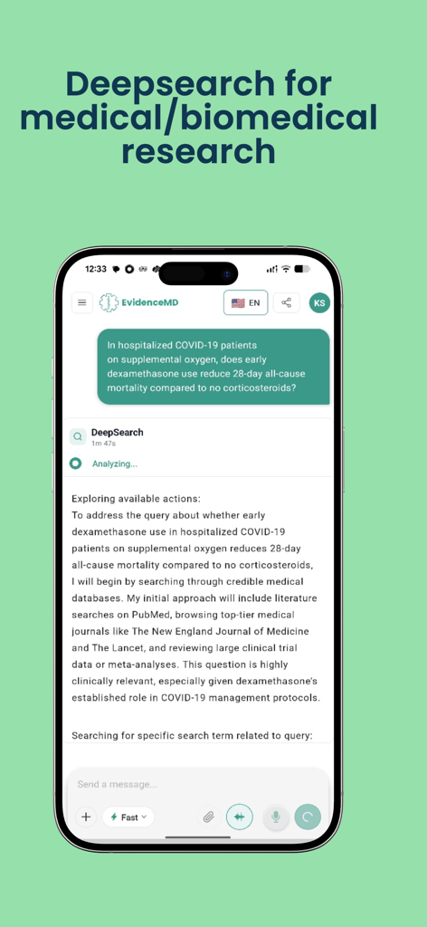 EvidenceMD- Medical Reasoning - EvidenceMD app interface showing a deep search for medical and biomedical research literature