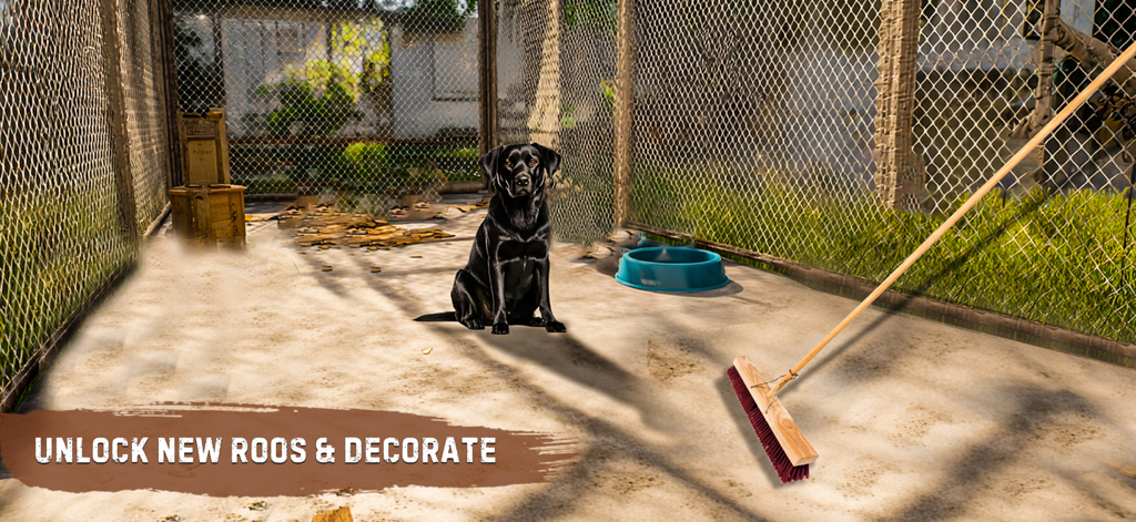 A black dog sits in a sunny outdoor shelter kennel while a broom cleans the dusty ground