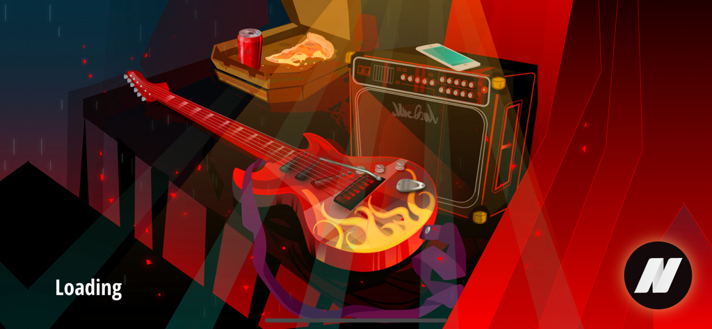 The Best Electric Guitar - 炎のデザインと音楽アンプを備えた赤いギターが特徴のエレキギターアプリのロード画面。