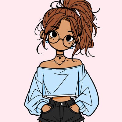 girl with a messy ponytail glasses a baggy crop top and jean shorts
