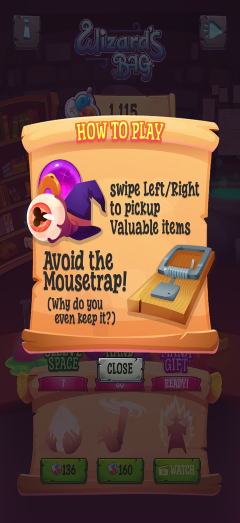 Wizards Bag - In-game tutorial scroll for Wizards Bag showing swipe instructions and a mousetrap obstacle.