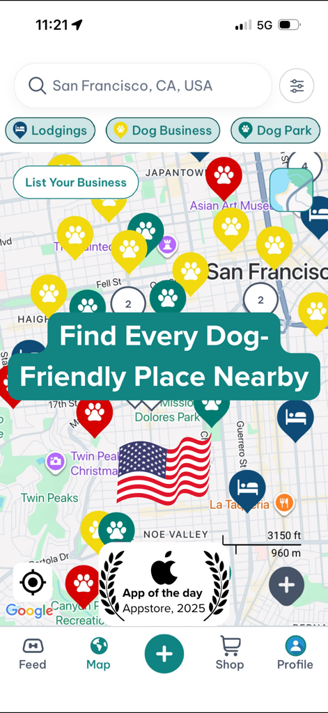 DogPack: Dog Friendly Spots - Interfaz del mapa de la aplicación DogPack que muestra parques y negocios aptos para perros en San Francisco