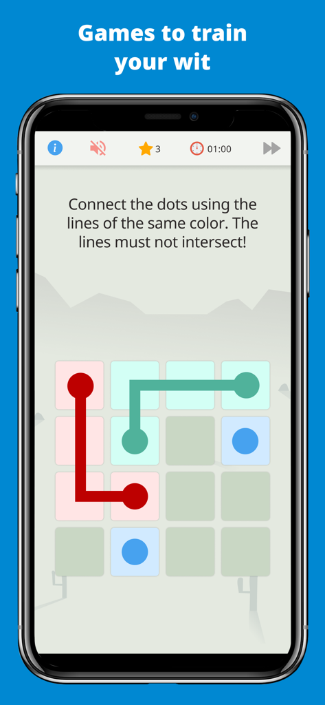 QuizzLand logic puzzle mini game screen showing a colored dot connection challenge to train your wit