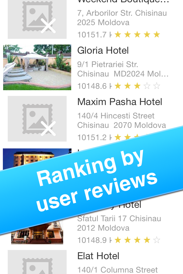 Liste d'hôtels à Chișinău, en Moldavie, classés par nombre d'étoiles et adresses, selon les avis des utilisateurs.