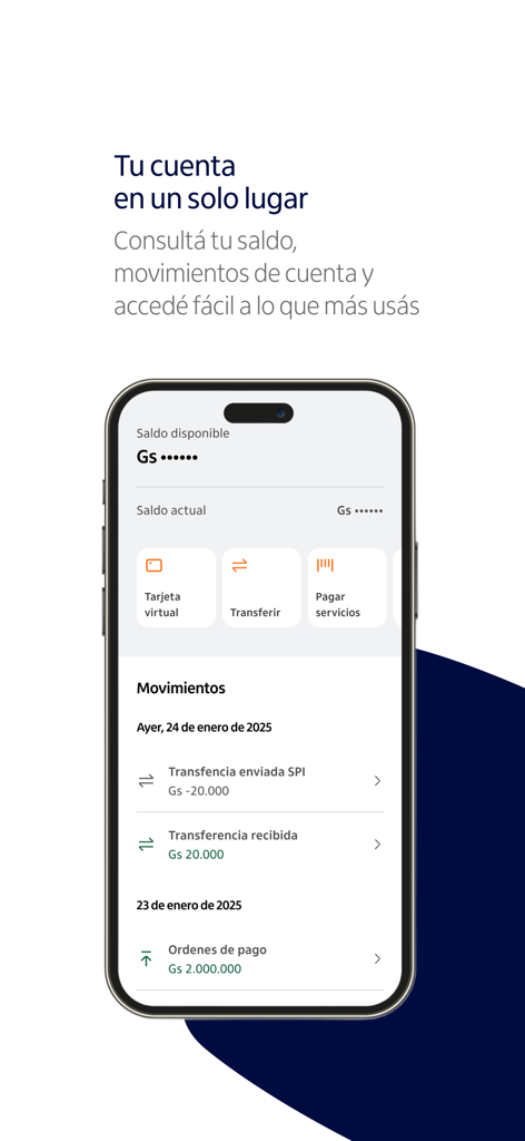 Itaú Personal Bank Paraguay - La aplicación móvil Itaú Personal Bank Paraguay muestra el saldo de la cuenta y el historial de transacciones en un iPhone.