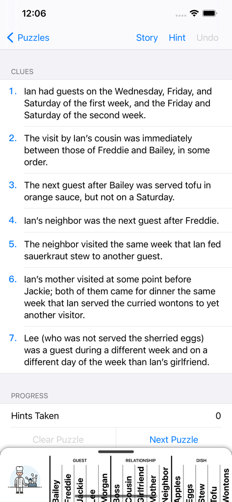 Una lista de pistas numeradas y una cuadrícula de lógica parcial de la aplicación Hard Penny Dell Logic Puzzles.