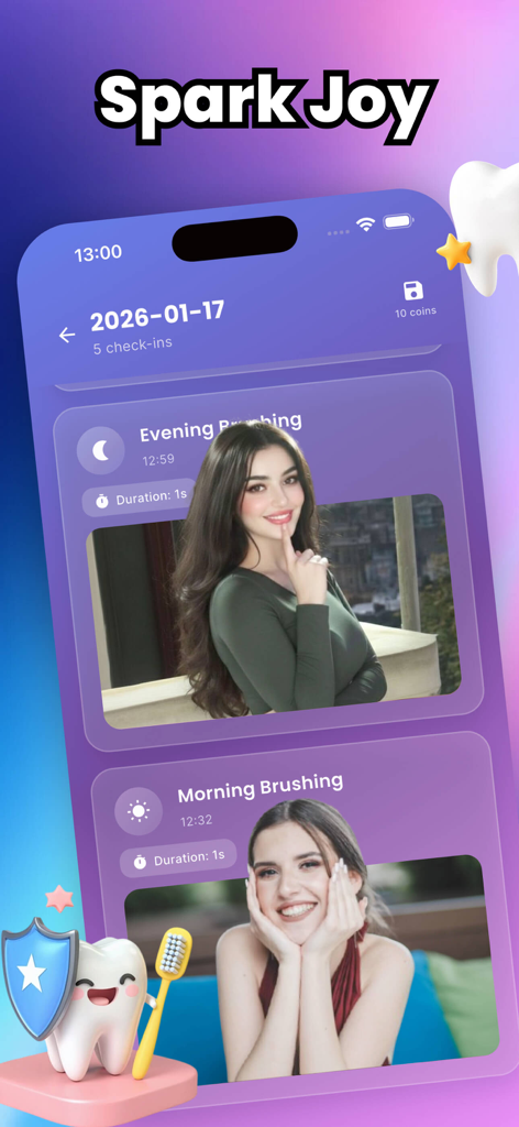 Vicu - Vicu app interface showing daily morning and evening brushing logs with user photos