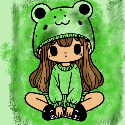 a girl wearing a frog hat and some frog socks