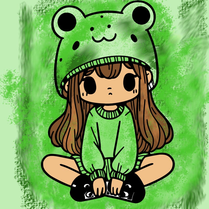 a girl wearing a frog hat and some frog socks