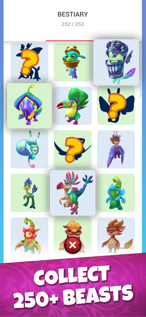 The Bestiary screen in Draconius GO showing a grid of various magical creatures and silhouettes to unlock.