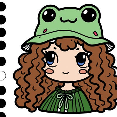 girl with curly hair wearing frog hat.
cute and simple