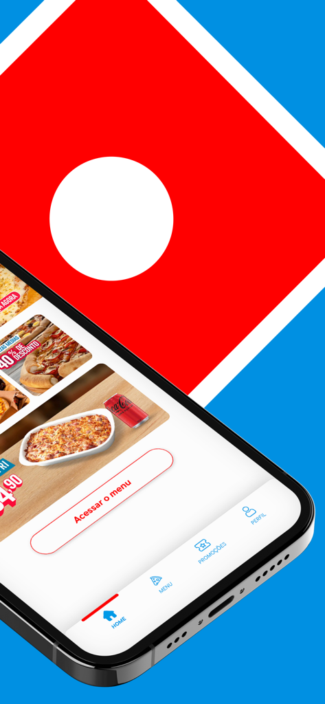 Domino's Pizza - Brasil - Home screen of the Domino's Pizza Brasil mobile app on a smartphone showing food items and a menu button
