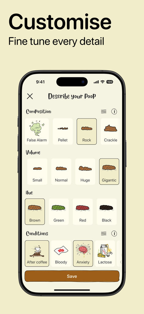 Mobile app interface of Poopie showing options to track and customize poop details like volume color and health conditions