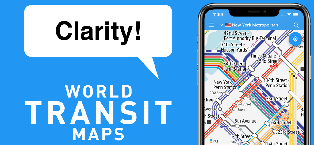 World Transit Maps app showcasing a clear NYC subway navigation on a smartphone