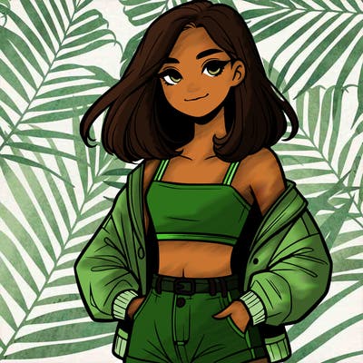 a realistic girl with a crop top and short shorts in an open jacket
