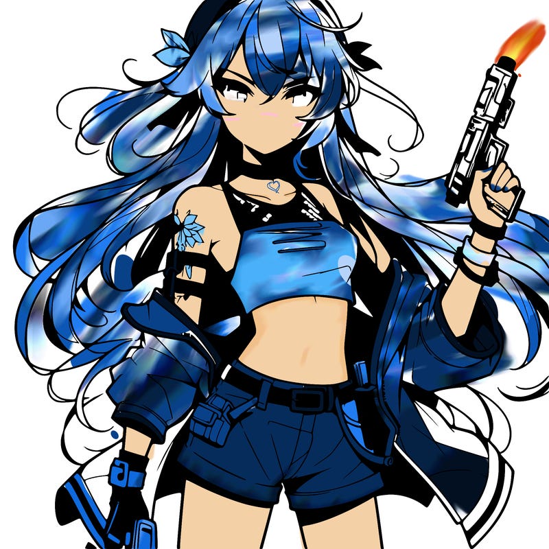 bad girl wearing crop top holding a gun long hair anime