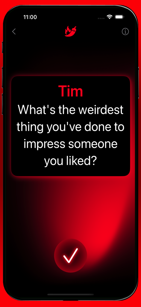 Uma carta de pergunta de verdade em uma interface de aplicativo móvel vermelho escuro para o jogo Verdade ou Desafio Cruel e Picante.