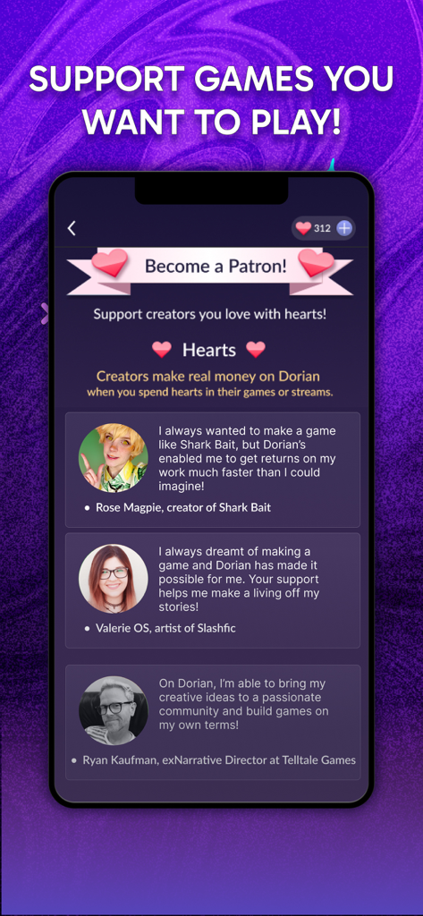 Dorian: Romantasy Games Hub - Interface do aplicativo Dorian mostrando opções de patrocínio e depoimentos para apoiar criadores independentes