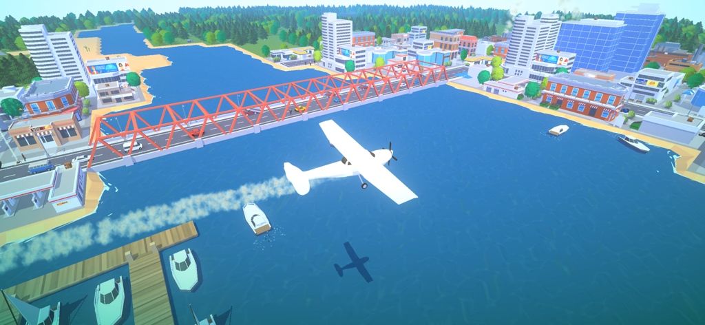 Pocket City 2 - Aerial view of a white plane flying over an orange bridge and water in a 3D city
