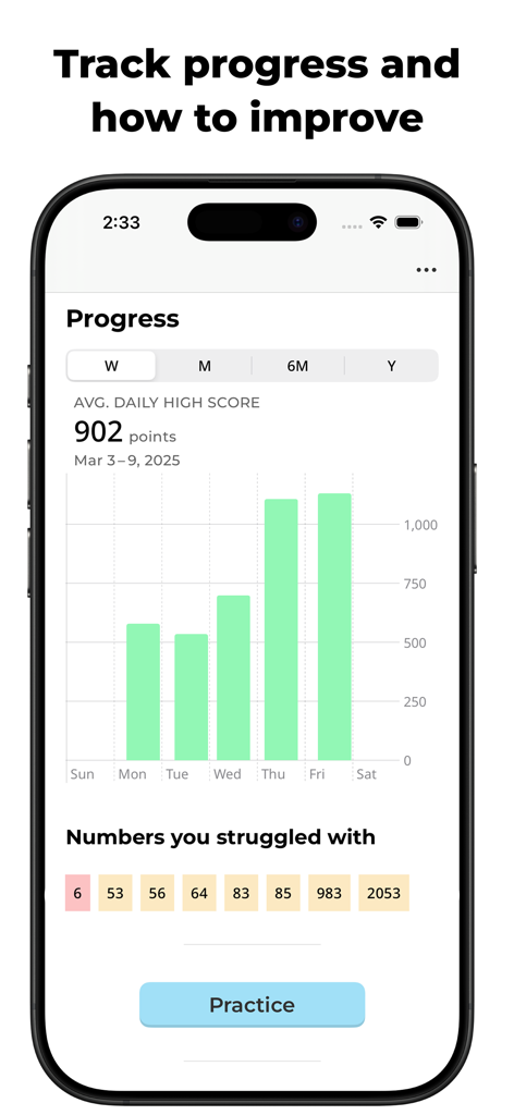 Languish: French Numbers - Pantalla de progreso de la aplicación Languish Números Franceses que muestra un gráfico de puntuaciones máximas y números difíciles para practicar.