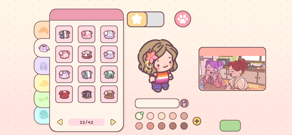 Pocket Love! - Tela de personalização de personagem em Pocket Love mostrando um avatar inclusivo e uma variedade de opções de roupas fofas.