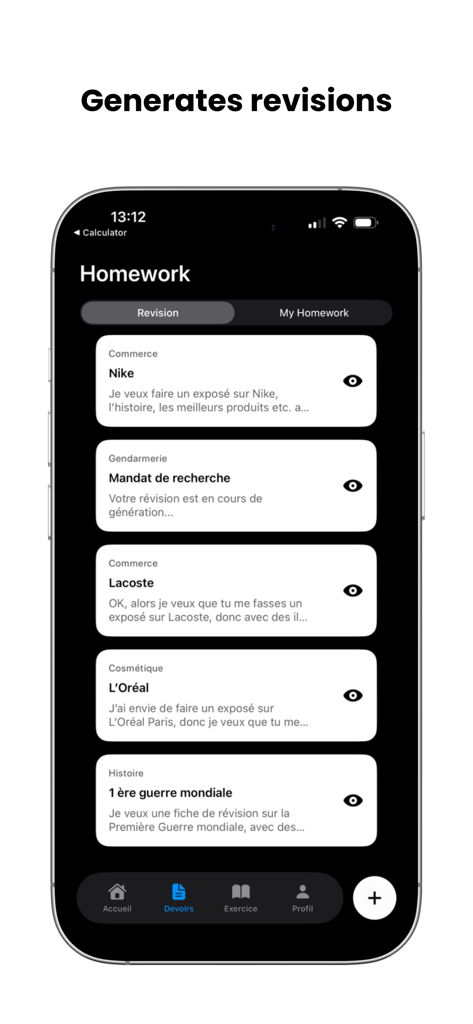 Clevr AI: Homework AI - Clevr AI app interface showing a list of generated revision notes for various subjects.