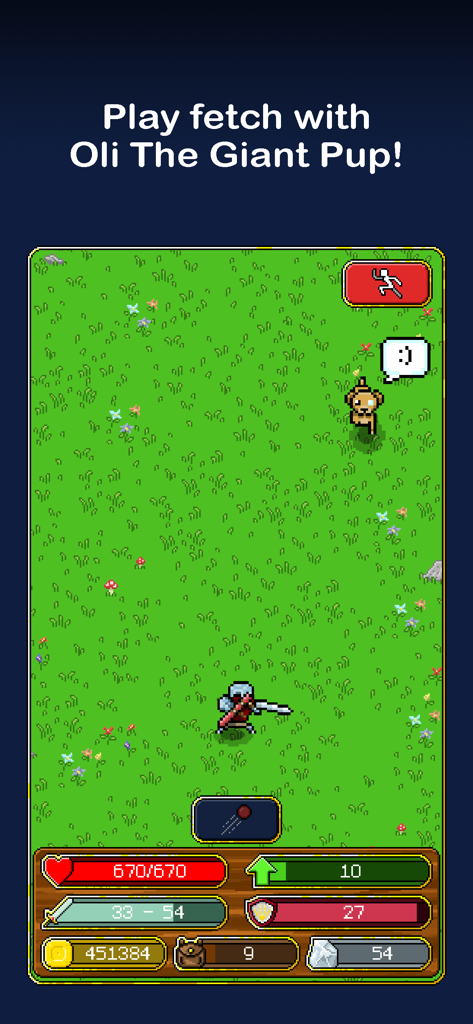 Tap Knight - Idle Adventure - Un caballero de arte pixelado jugando a buscar con Oli, el Cachorro Gigante, en un prado verde.