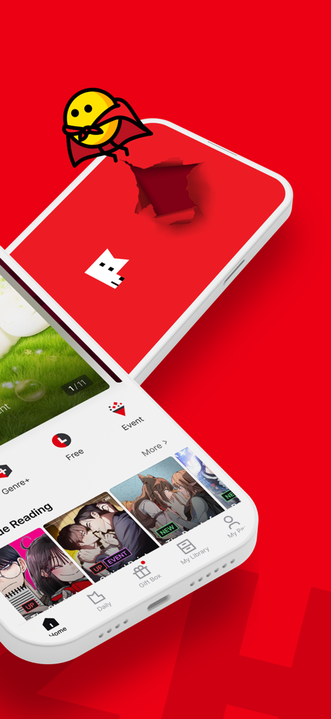 Smartphone display of the Lezhin Comics app interface showing premium webtoon thumbnails and navigation.