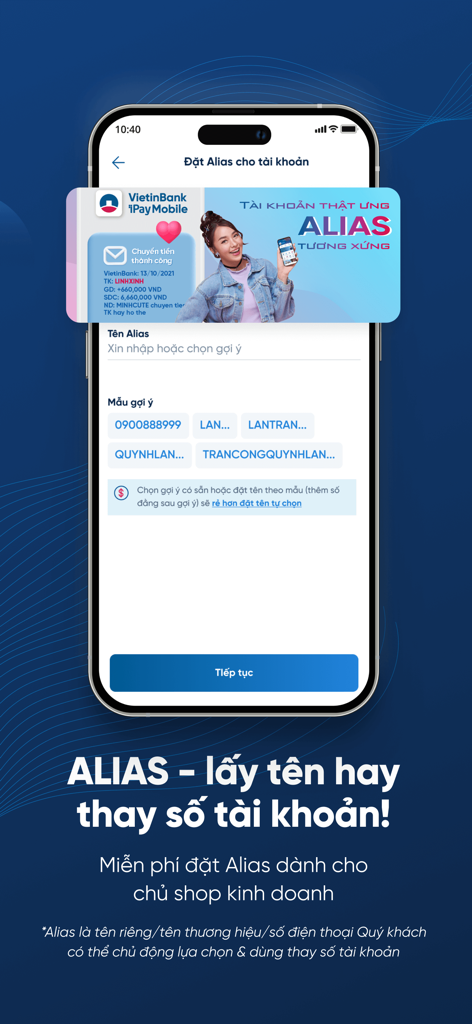VietinBank iPay - VietinBank iPay mobile app interface for setting a custom account alias