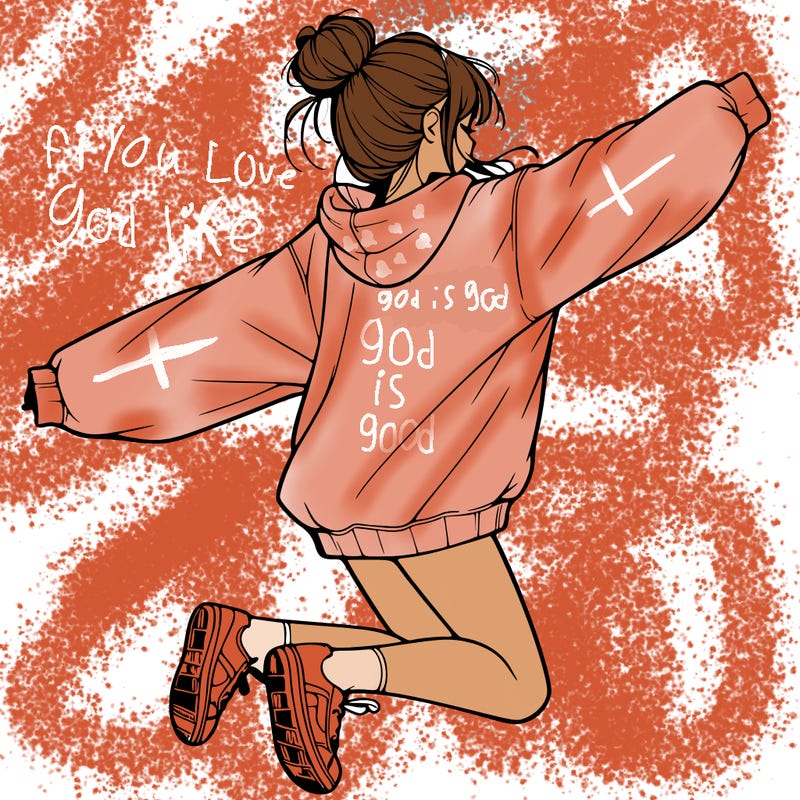 realistic girl jumping with a bun and oversized sweatshirt