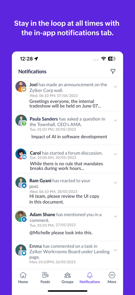 Zoho Connect - Aplicativo móvel Zoho Connect mostrando a aba de notificações com atualizações de equipe e menções.