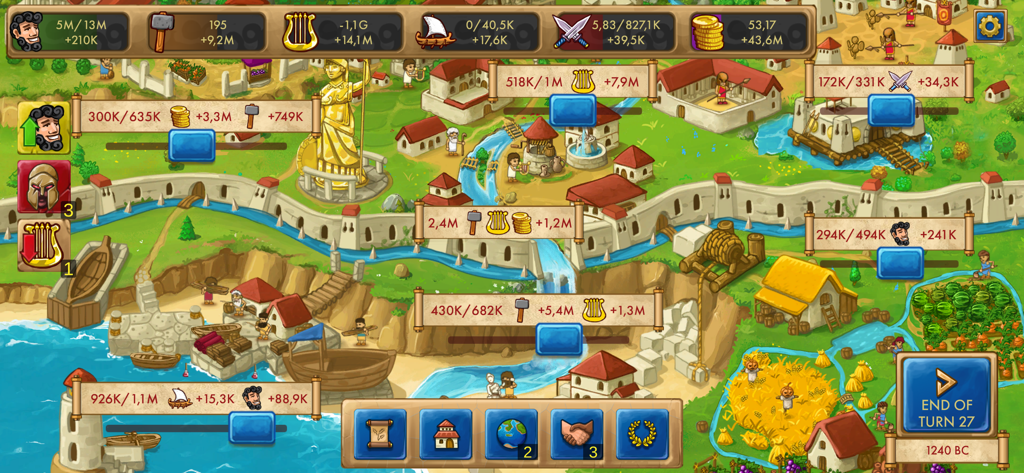 Gameplay screenshot of Marble Age Remastered showing ancient Greek city management and resources