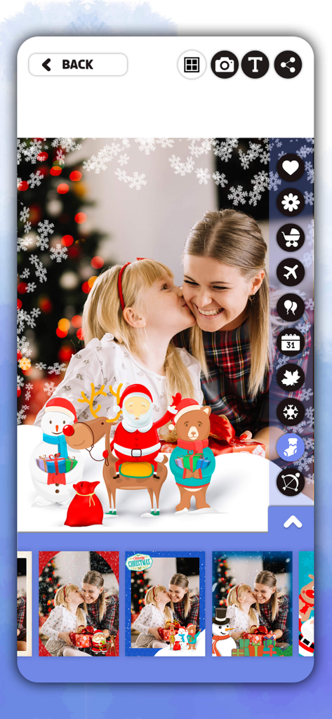 A mobile app interface showing a family photo decorated with Christmas frames, Santa stickers, and snowflakes.