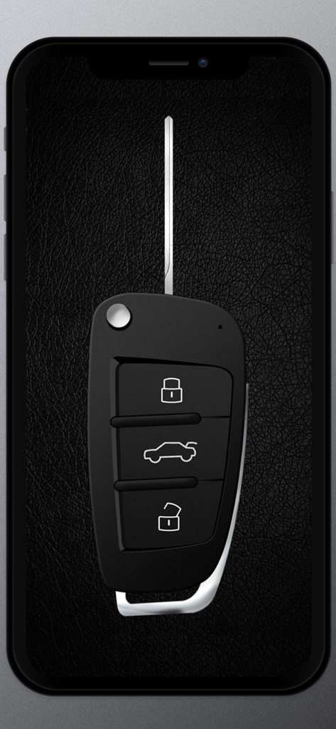 Keys and engine sounds of cars - A smartphone displaying a realistic virtual car key fob with a physical blade on a leather background