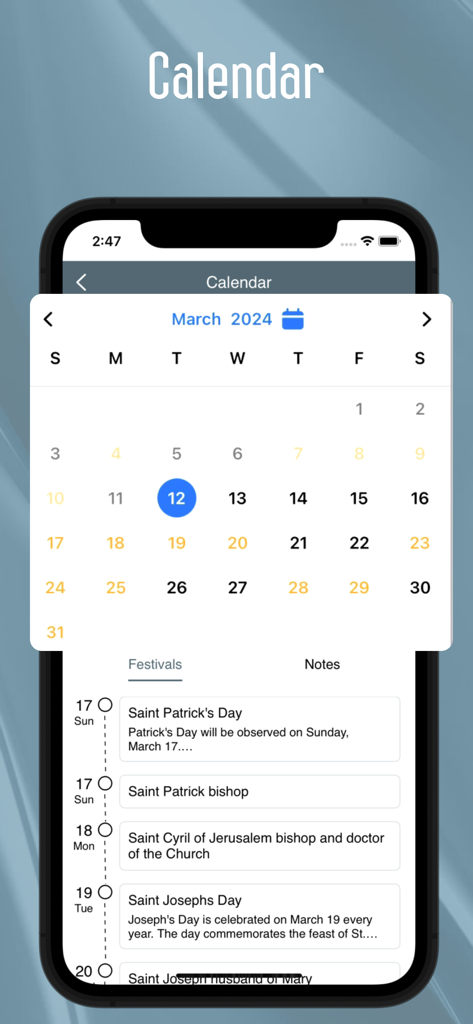 Calendario de marzo de 2024 y lista de festivales religiosos en la aplicación Reina Valera 1960 Bible.