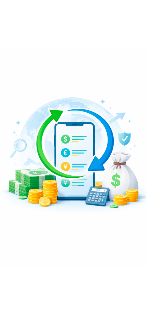 Coin & Currency Converter - An illustration showing a smartphone with currency symbols surrounded by exchange arrows, stacks of coins, and cash