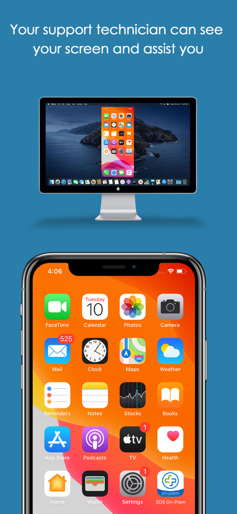 Un tecnico di supporto remoto visualizza lo schermo di un iPhone su un computer desktop