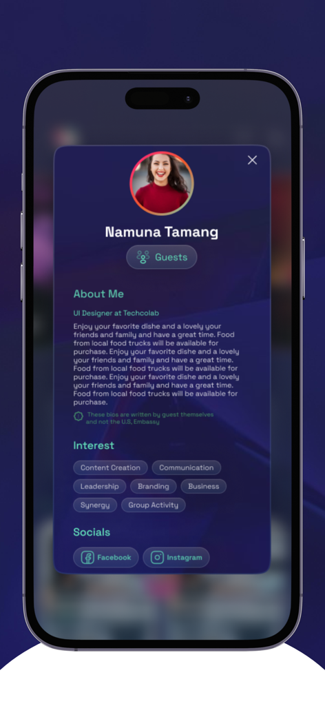 Creator's Mela - User profile interface on the Creator's Mela app displaying bio and professional interests