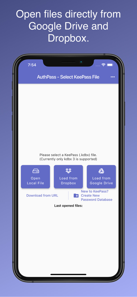 AuthPass – Password Manager - AuthPass app interface for opening KeePass files from local storage, Dropbox, or Google Drive.