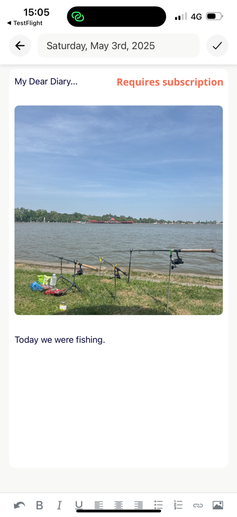 My Dear Diary Journal - My Dear Diary Journal app interface showing a personal diary entry with a photo of fishing rods by a lake