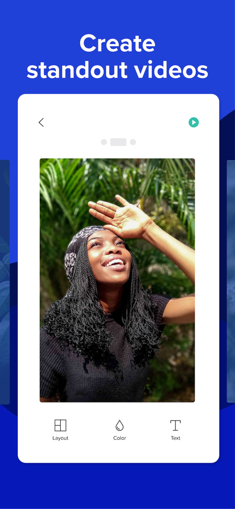 Un écran de téléphone mobile montrant l'interface de l'application Animoto avec des outils d'édition vidéo pour la couleur de la mise en page et le texte.