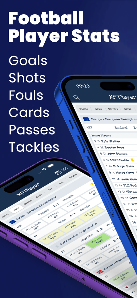 XFPlayer Football Player Stats - Two mobile phones showing the XFPlayer app interface with detailed football player statistics for goals shots and fouls
