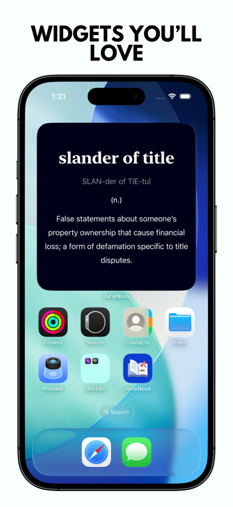 JurisNova: Legal Dictionary - JurisNova legal dictionary widget on an iPhone home screen displaying the definition and pronunciation of slander of title
