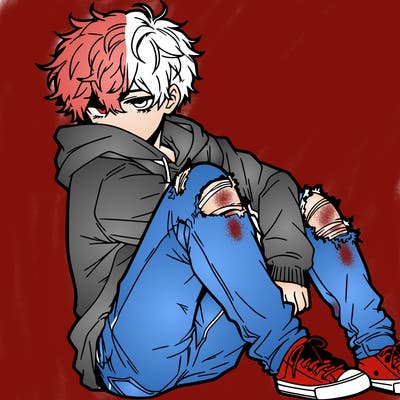 a male hoddie ripped jeans messy hair anime