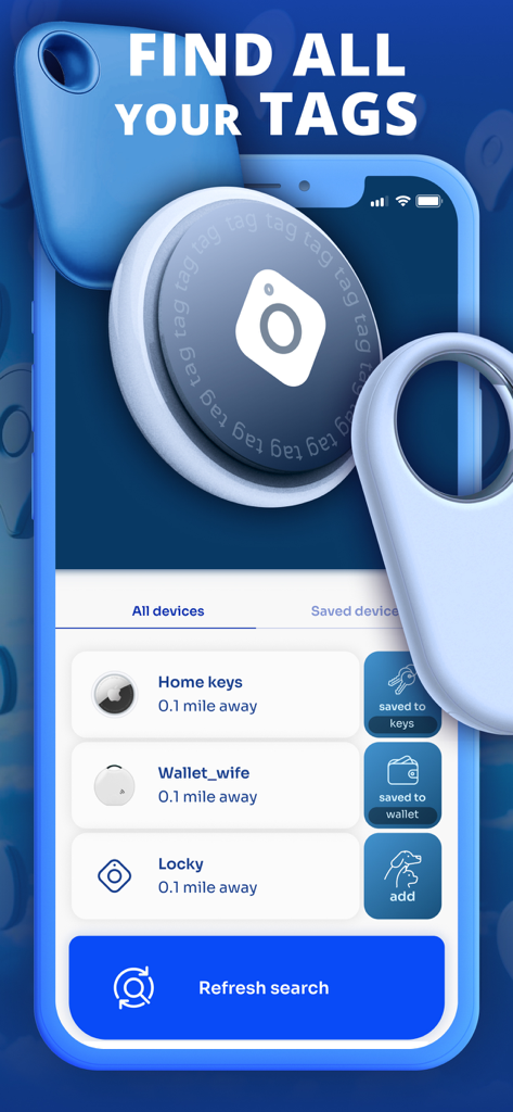 Air Tracker app interface showing a list of tracked Bluetooth devices like home keys and wallet with distance indicators.
